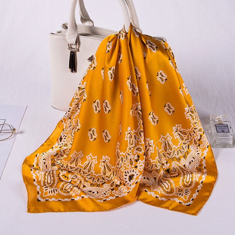 Women Imitation Silk Kerchief Scarves Print Square Neckerchief Office Lady Scarf Muffler Shawl Bag Clothes Accessories: Yellow