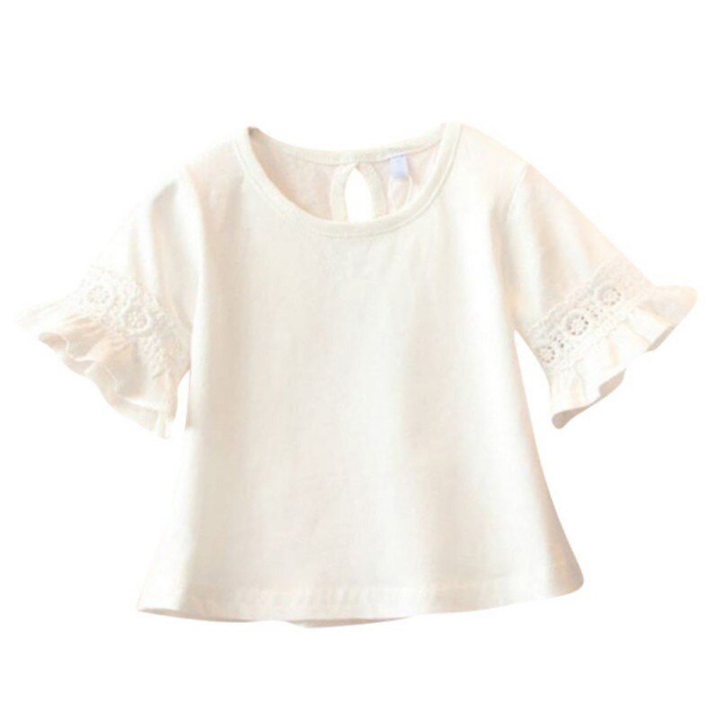 TChildren Girls Tops Clothes Baby Girl Flare Sleeve Round Neck Solid Print Lace Tops Shirts Kids Tops Summer Casual Blouse