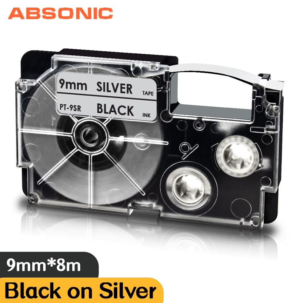 Absonic XR-9AGN biały na zielonym 9mm etykietowania taśma do obsługi Casio KL-60 KL-120 KL-130 KL750 KL780 KL820 KL-750KR KL-750B KL-750BA druku: Black on Silver