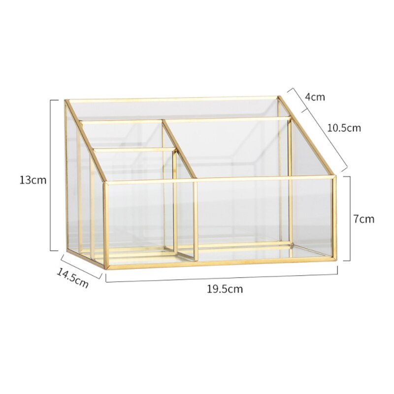 Vintage cosmetica organizer van glas en metaal met 4 compartimenten voor make-upkwasten, parfum, lippenstift, nagellak, goudkleurig