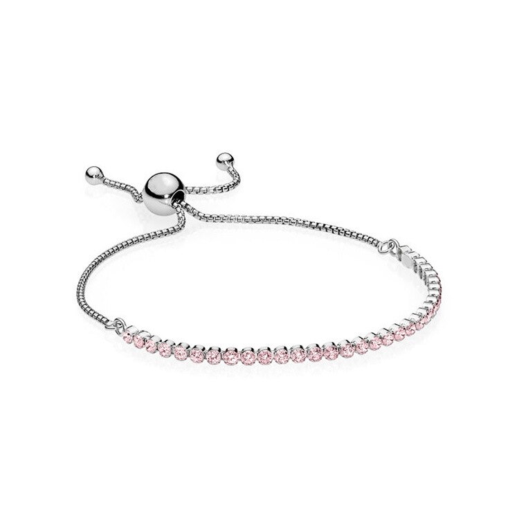 Newest S925 Sterling Silver Sliding Clasp Adjust Fit Original Pan Crystal Bracelet Women Charm Beads Jewelry Bangles: Pink