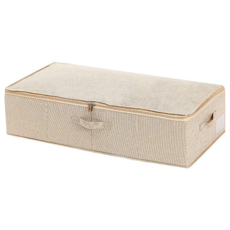 Cotton and Linen Fabric Bed Bottom Storage Box Bedroom Moisture-proof Folding Finishing Box with Lid Zipper Large Storage Box: Beige