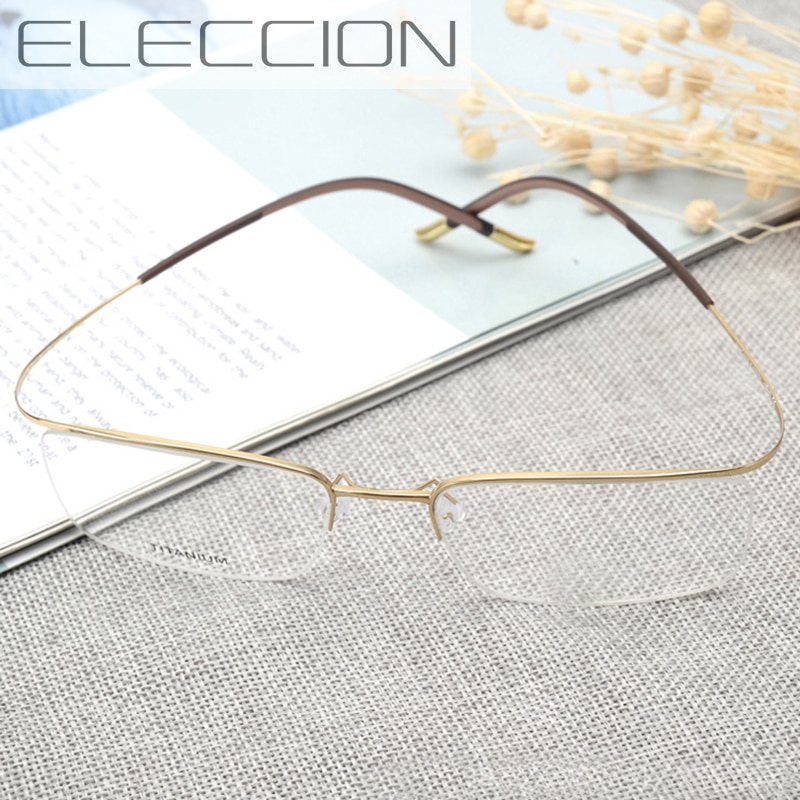 ELECCION Eyebrow Prue Titanium Optical Frame Glasses for Men Women Half Rimless Rim Eyeglasses Frames Clear Lens