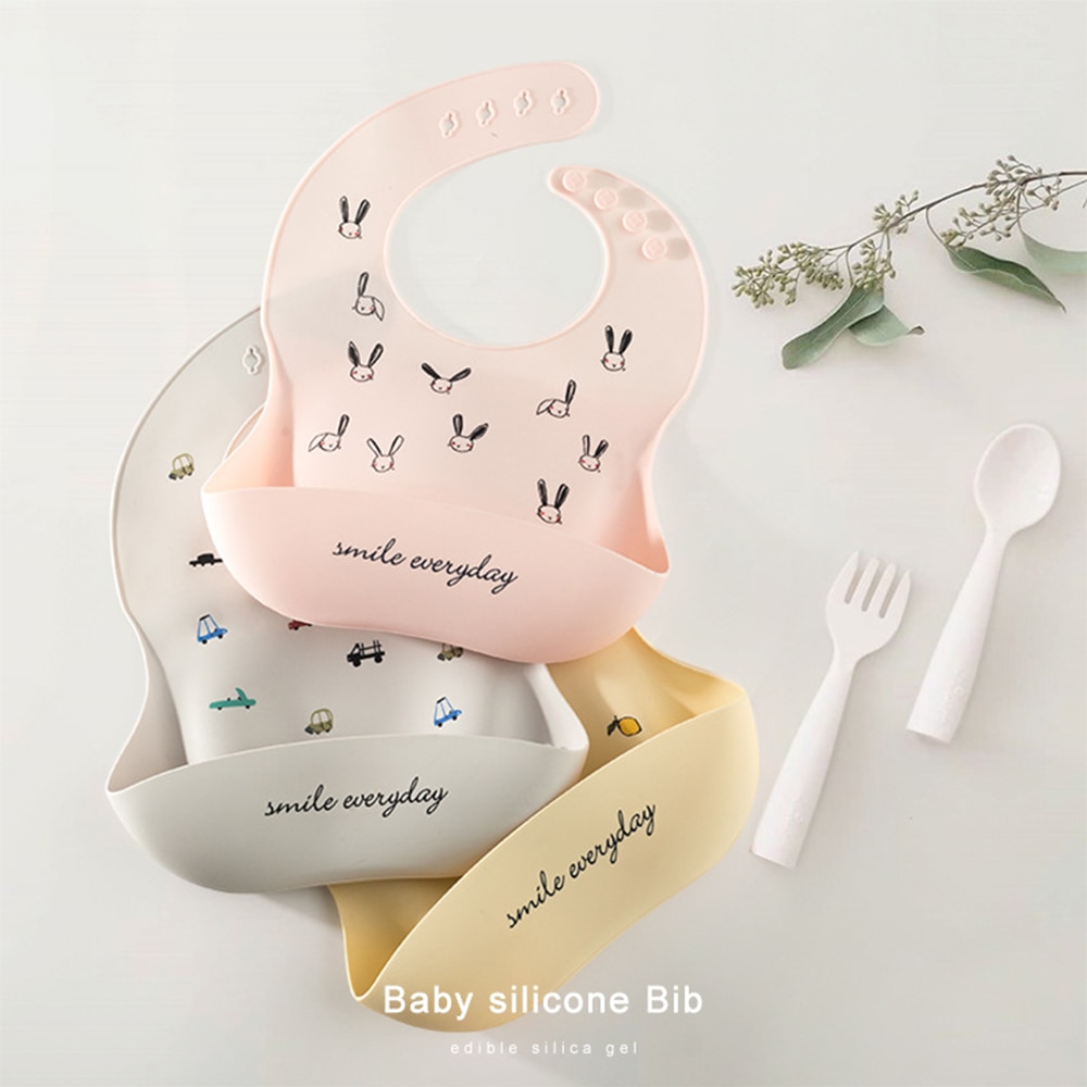 Printed Silicone Bib Waterproof Feeding Newborn Cartoon Aprons Adjustable Bibs Burp Cloth