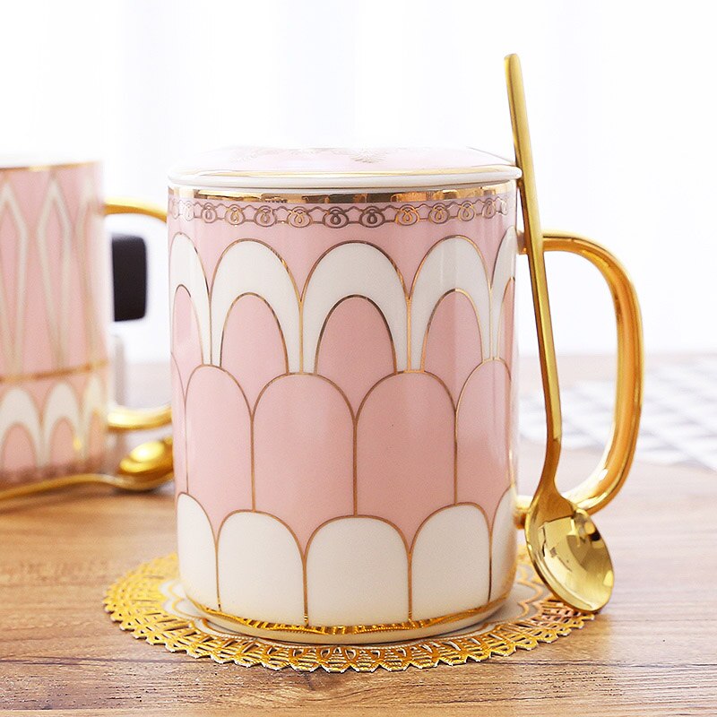 8 models Europe coffee mug Geometric Gold Line China Bone Milk Tea Cup Cover spoon travel mug Water cup 350ml: M05