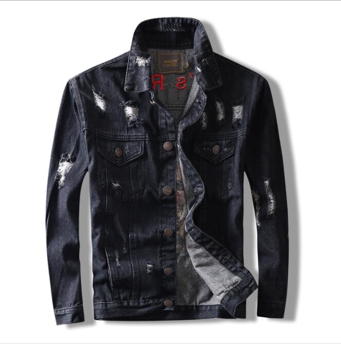 Men's Embroidery Denim jacket Hole men's coat: Black / XXL