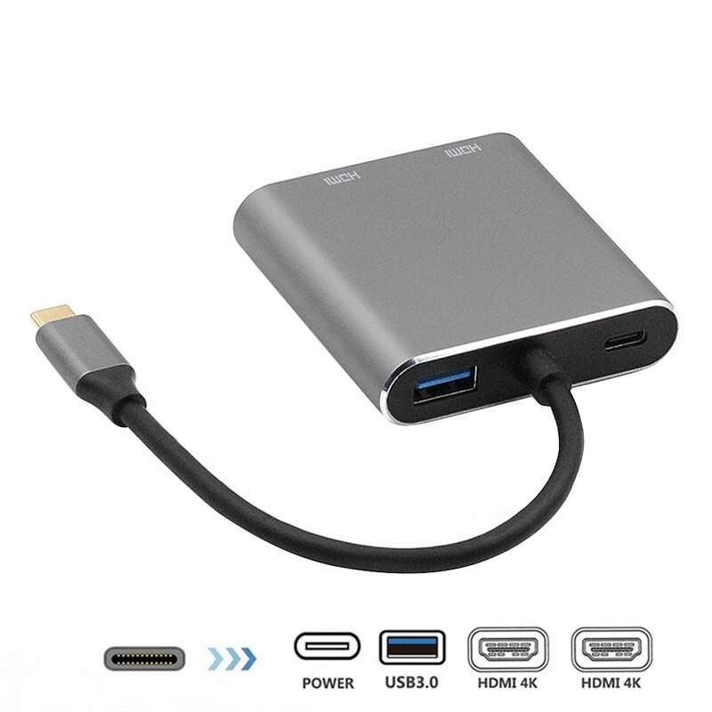 4 in 1 usb c naar hdmi-adapter 4k type c naar dubbele hdmi usb 3.0 pd- oplaadhub voor pc, laptop, mac os, linux usb c-apparaat