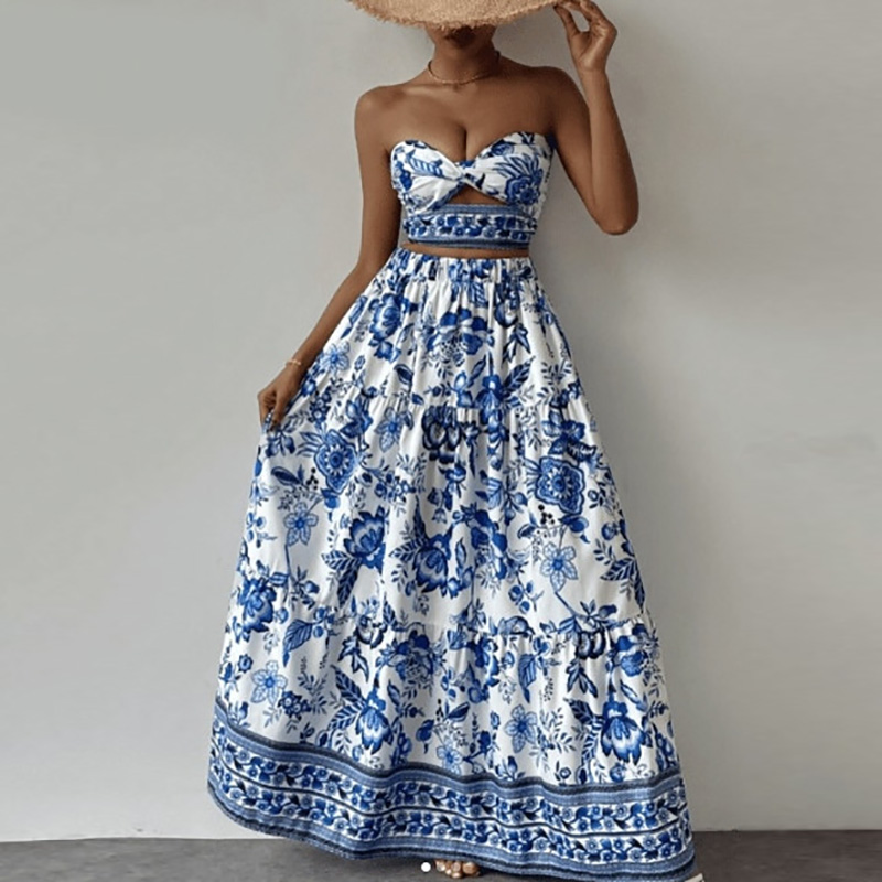 Sommer højtaljede nederdele 2 -delte sæt off-shoulder printet pasform outfits temperament hule ud camisole kvinder sæt