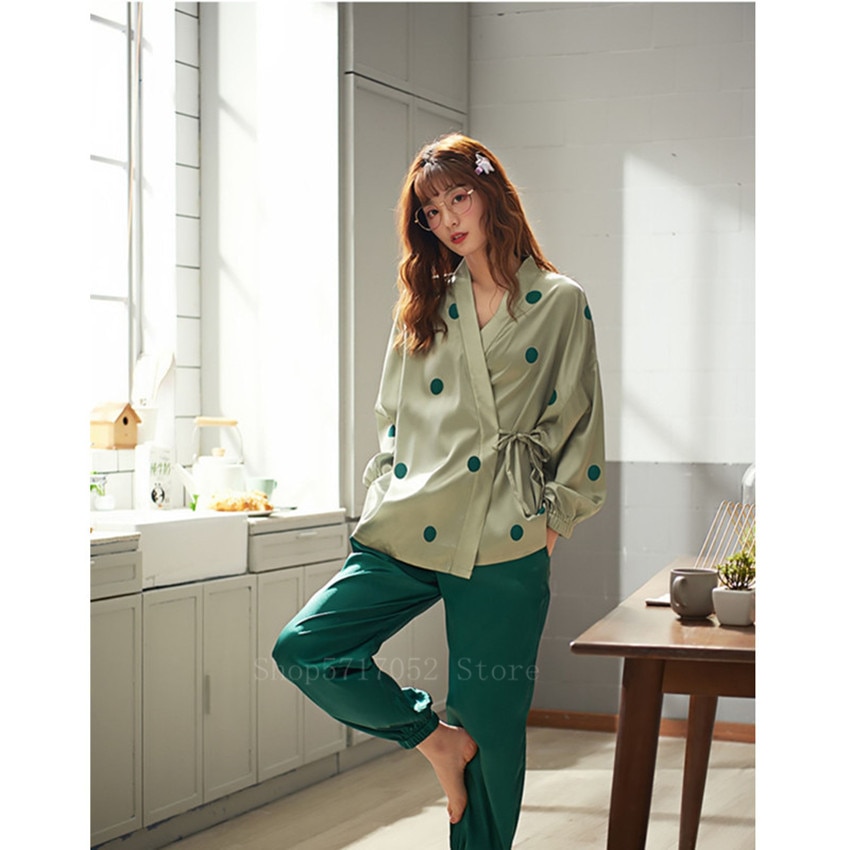 Sommer japansk stil elastisk kimono top bukser sæt kvinder piger satin silke print bomuld yukata langærmet traditionel pyjamas