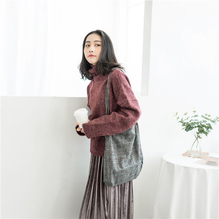 Arrivals Women Woolen Canvas Shoulder Bag Ladies Vintage Plaid Handbag Totes Female Cotton Wool Cloth Shopping Bags