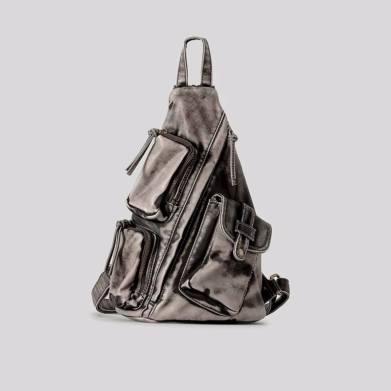 Annmouler Backpacks for Women Soft Washed Letaher Sling Chest Bag Vintage Multi-pockets Punk Style Small Bag: Beige