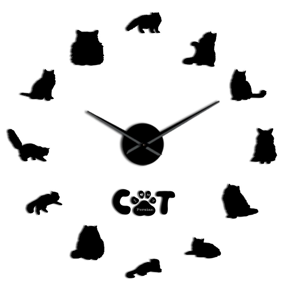 Persian Cat Large DIY Wall Clock Persian Longhair Cat Breeds Silent 3D Wall Watch with Iranian Shirazi Cat Kitty Mirror Stickers: Black / 47 Inch