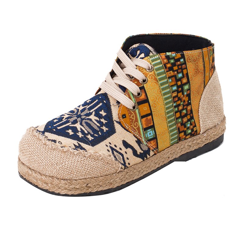 Vrouwen Schoenen Boho Katoen Linnen Canvas Enkele Nationale Geweven Ronde Neus Lace Up Doek Schoenen Vrouw Flats Maat 35-40