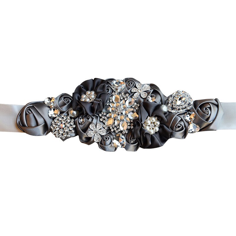 JaneVini-cinturones para boda con abalorios, con flores, Burdeos, satén, rosas, boda, cinturón con cristales, cintas de banda de diamantes de imitación,: Gris