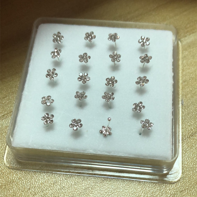 20 unids/caja joyería para Piercing en la nariz, anillos para la nariz, aguja de plata para mujer, joyería para la nariz con flor de cristal de colores,