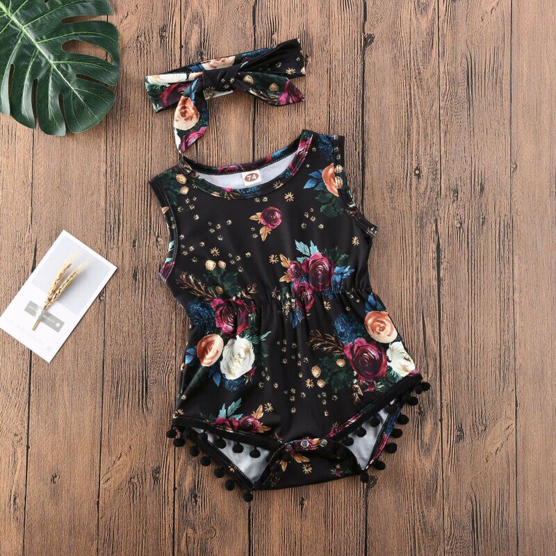0-24M Pasgeboren Kid Baby Meisje Bloemen Tassel Bodysuits Romper Jumpsuit Sunsuit + Hoofdband Outfits Kleding Zomer