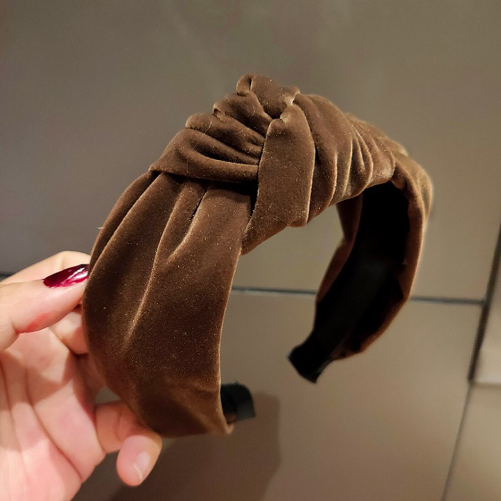 Proly kvinder hårbånd efterår vinter turban bred side blød gylden fløjl pandebånd til voksen solid klassisk hovedbeklædning: Kaffe hårbånd