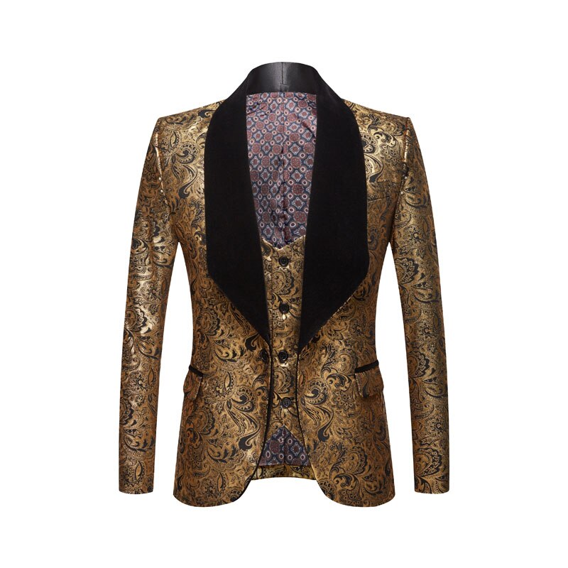 Pyjtrl jakke + vest herre todelt sæt guld blomstermønster print sjal revers slim fit bryllup gallakjole smoking kostume: Sort jakke vest / Os størrelse  m 40r