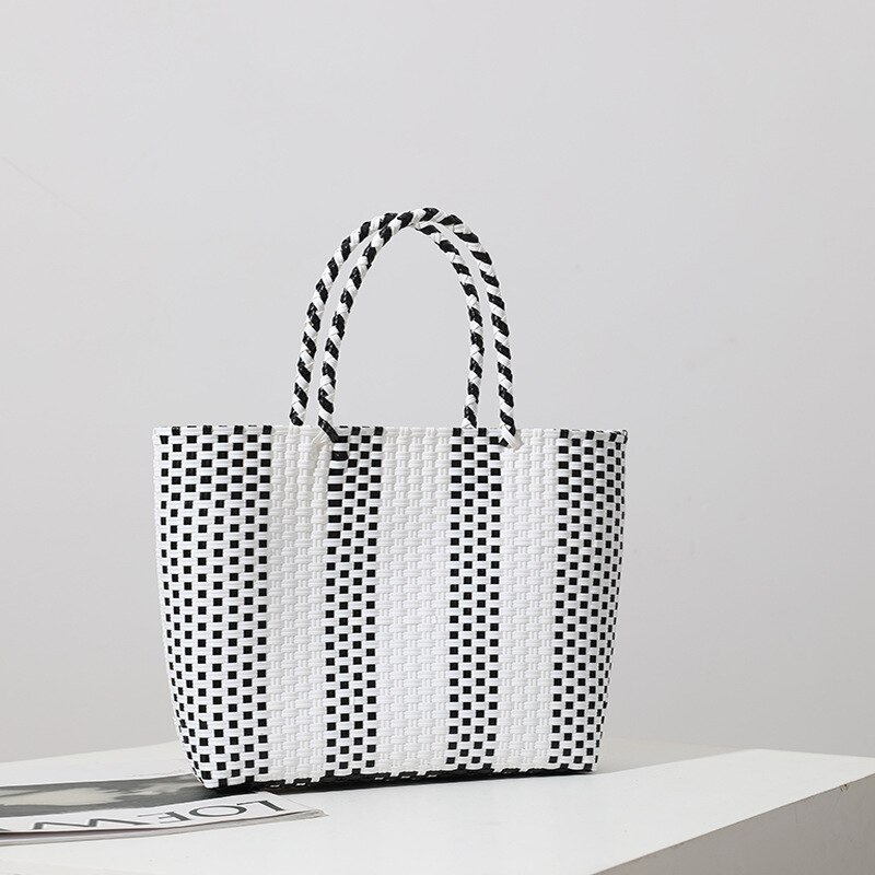 Bolso de Plástico portátil tejido a mano para mujer, bolsa cuadrada de gran capacidad que combina con todo, ideal para compras, ocio, cesta de verduras, novedad: black white 1