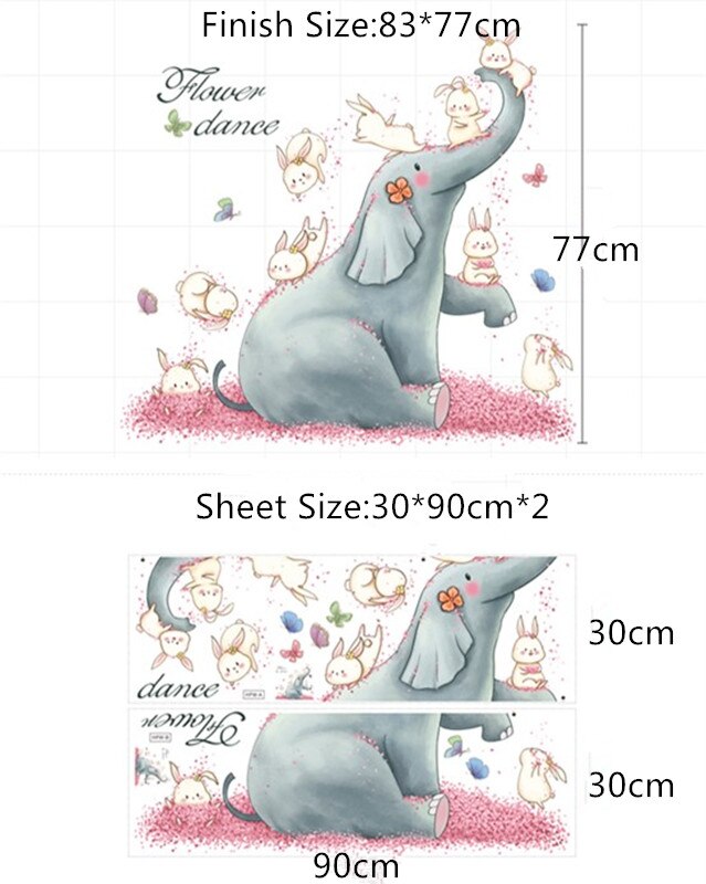 Cartoon Blauwe Olifant Met Leuke Konijntjes Muursticker Bloem Dans Behang Home Decor Voor Kid 'S Woonkamer Slaapkamer Muur muurschildering