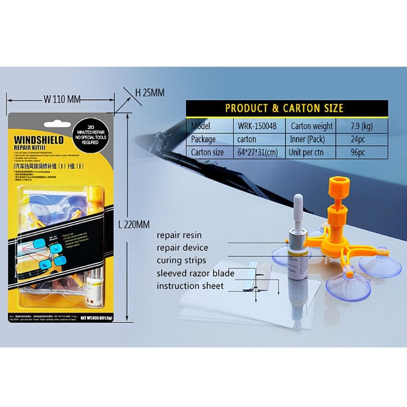 Auto Glass Windscreen Quick Fix Windshield Repair Tool DIY Dent Remove Car Kit on bulls-eye, spider web, star damages