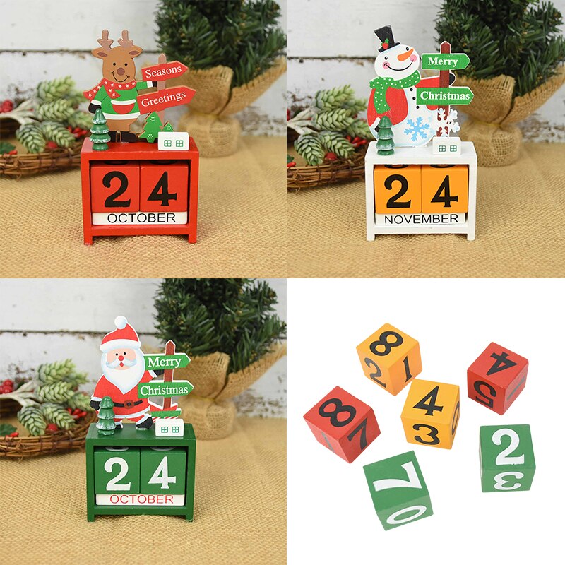 Juletrekalender julenissen snømann elg nedtelling malt blokk tre kalenderår skrivebordspynt dekor
