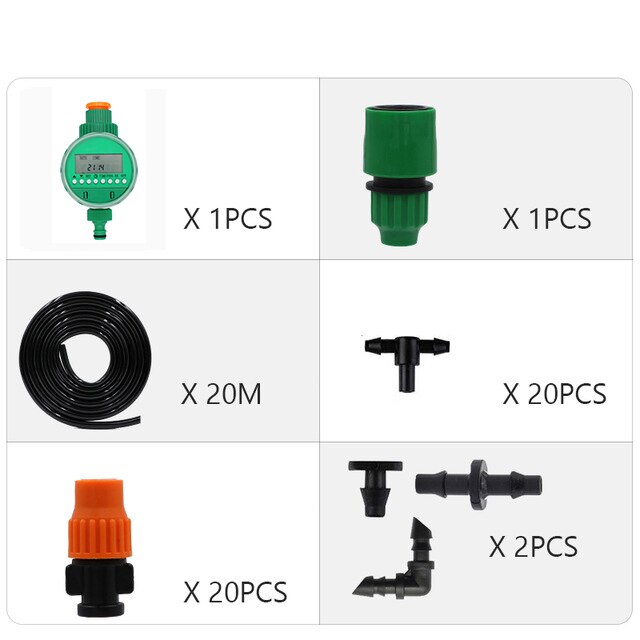 25m Automatic Micro Drip Irrigation System Garden Irrigation Spray Self Watering Kits with Adjustable Dripper: 20M and Timer