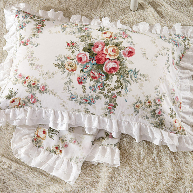 Colcha con estampado Floral para el hogar, cubierta de colchón con volantes, Sábana de algodón satinado de falda de cama de princesa, ropa de cama para el hogar