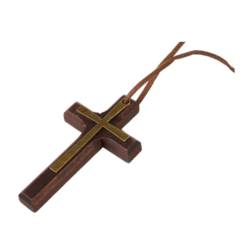 Legering Leer Hout Hanger Ketting Goud Bruin Kruis Ring Vintage Retro Verstelbare Mannen Ketting