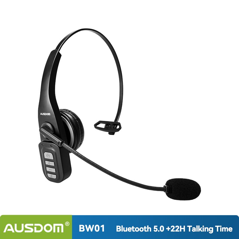 AUSDOM BW01 Wireless Bluetooth 5.0 Telephone Headset With Noise Cancelling Mic 22H Talking Time For Call Center PC Phone