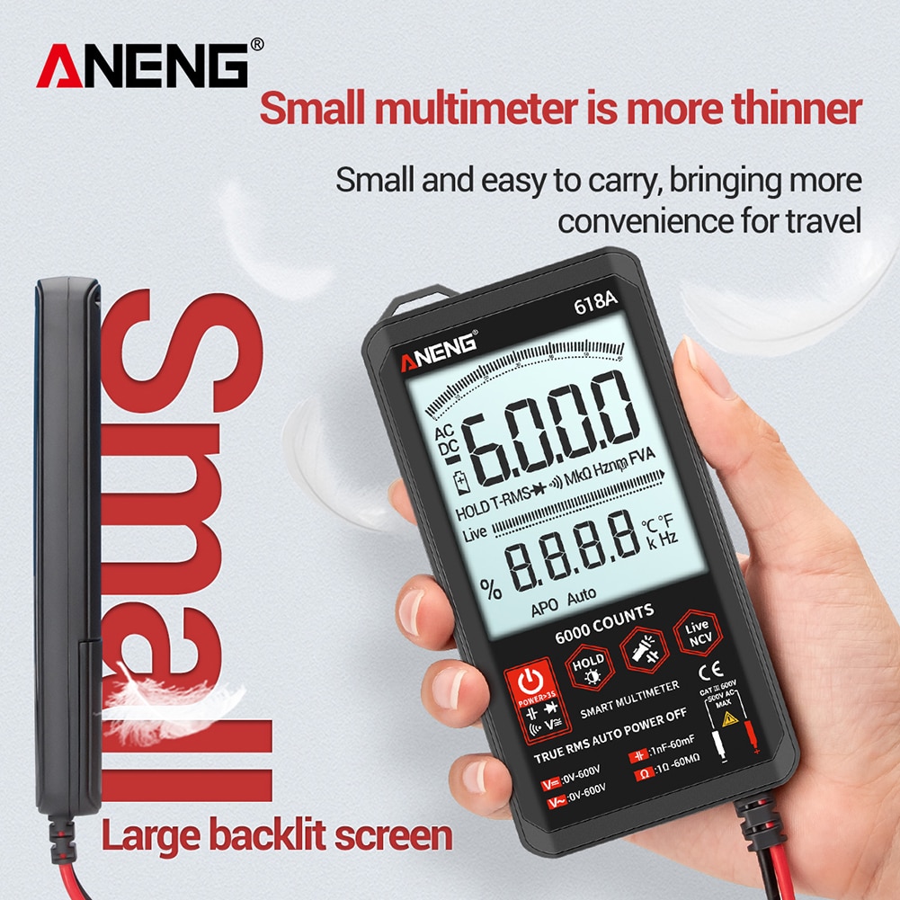 Aneng 618A Digitale Multimeter 6000 Count Dc/Ac Voltage Tester Current Meter Flash Licht Terug Grote Screen Multimeter