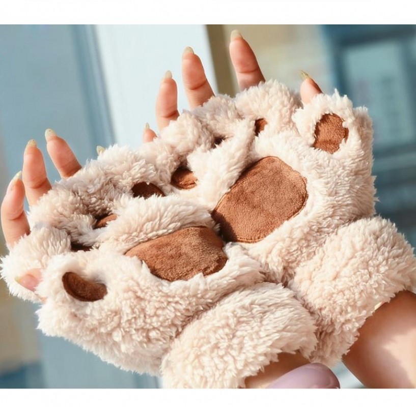 Gants de patte de griffe de chat de dessin animé pour femmes, mitaines en peluche, , doux, court, sans doigts, moelleux, ours, costume mignon, demi-doigt