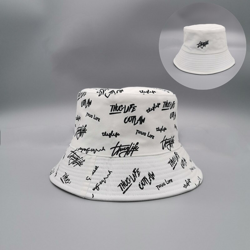 Dobbeltside engelske bogstaver trykt broderi spand hatte kunst fritidstøj solskærm bassin hat dobbeltsidet solhatte unisex hat: Hvid