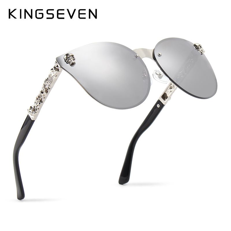 KINGSEVEN Luxe Mode Vrouwen Gothic Spiegel Eyewear Schedel Frame Metalen Tempel Oculos de sol UV400 Met Accessoires