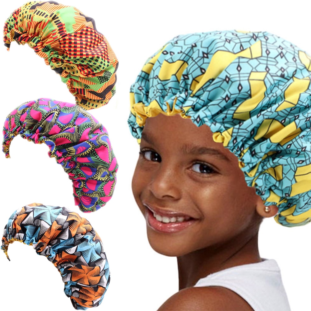 Moda nova extra grande boné de dormir crianças ajustável impressão africana satin bonnet boné de dormir turbante chapéu noite sono gorro quimio boné