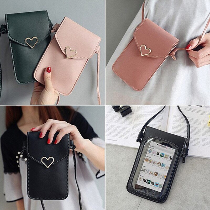 Women Bag For Phone Transparent Coin Purse Cross Shoulder Bag Girls Cute Phone Mini Heart Type Hasp Mobile Pouch Bags Casual