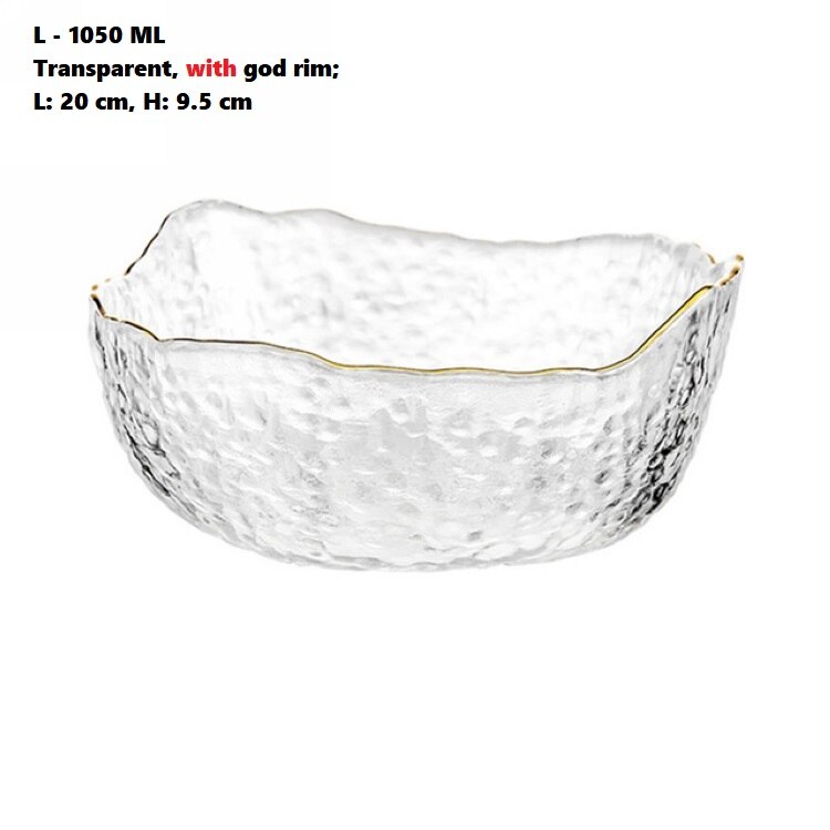 Cuenco transparente de vidrio para ensalada, Bol de fruta con borde dorado Irregular, almacenamiento de vegetales, vajilla de cocina, 1050 ml: Default Title