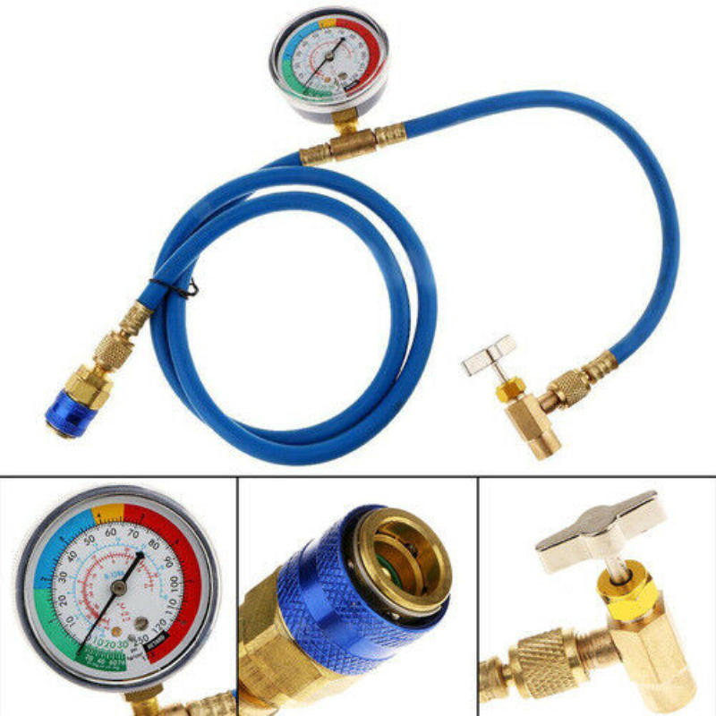 R134a Car Air Conditioning Pressure Gauge with Refrigerant Charging Hose Fluoride Tube Quick Release Pressure GaugeRepair Tool