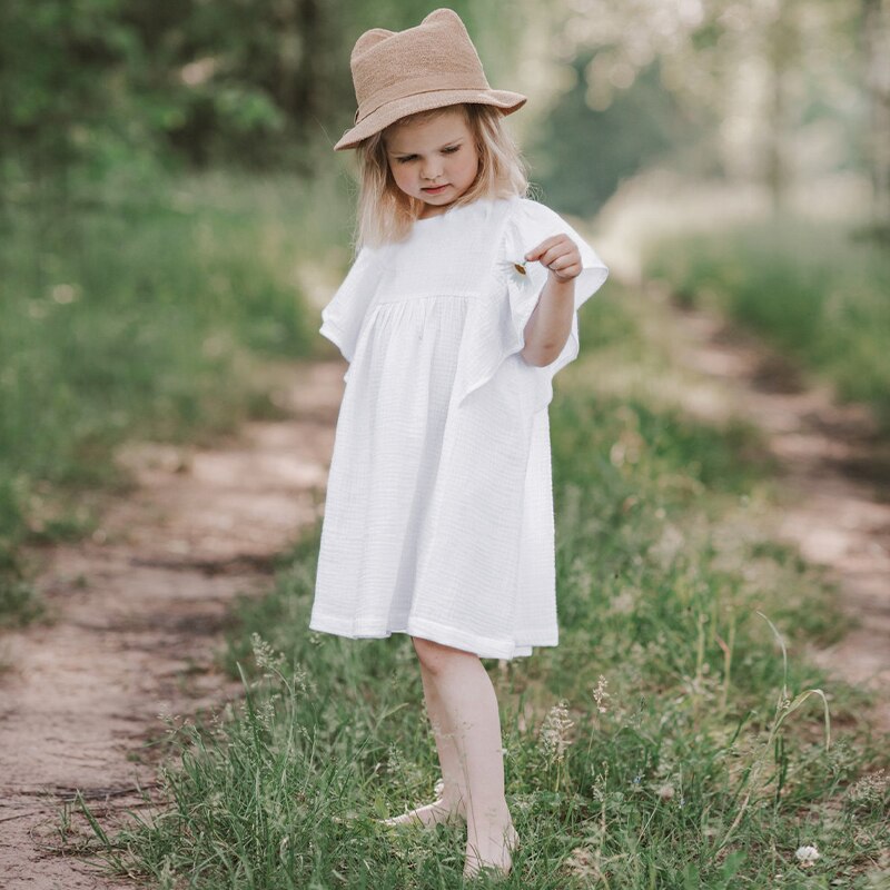 100% Cotton Pastoral Style Girls Dress Summer Casual Loose Petal Short Sleeve Sweet Princess Dresses Children Clothes TZ63: 2 White / 130cm
