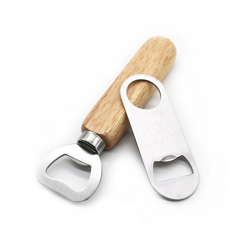 Abridor de botellas de cerveza con mango de madera duradero, herramientas de cocina de acero inoxidable de velocidad plana, removedor de tapa, hoja de barra, 1/2 Uds.: 2PCS
