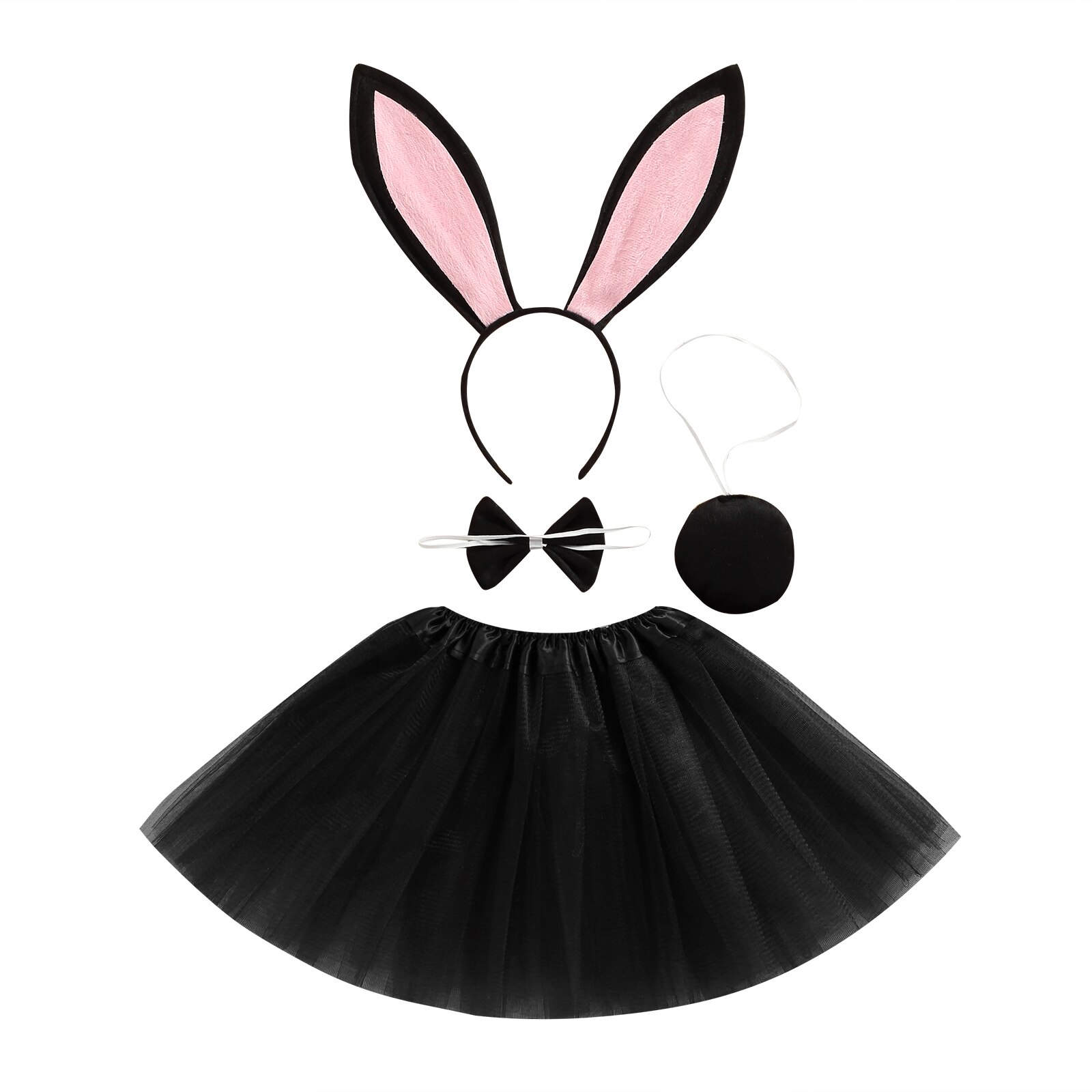Vestiti per la fotografia della neonata del bambino, fascia per capelli coniglietto pasquale + papillon + coda + gonna in Tulle multistrato 0-3T: Black