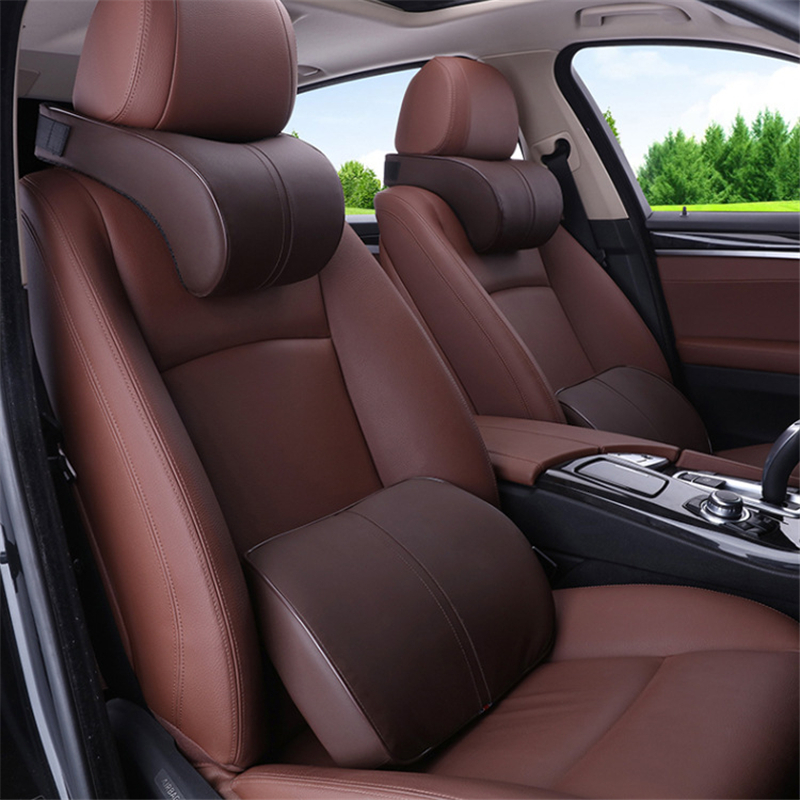Car Seat Headrest Pillows Waist Back Support Cushions Set Memory Foam Black PU Leather Neck Rest Pad Auto Styling Accessories