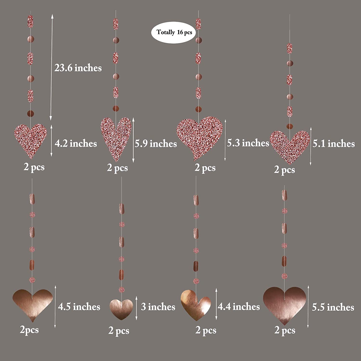 Guirlande décorative en forme de cœur rouge, 16 pièces, banderole suspendue en forme de cœur, pour un arrière-plan de mariage, pour la saint-valentin: Rose Gold