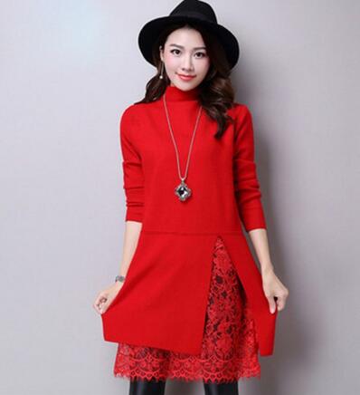 Rihschpiece Winter Lace Dress Women Knitted Sweater Dresses Mesh Vintage Black Turtleneck Warm Dress RZF1399: Red