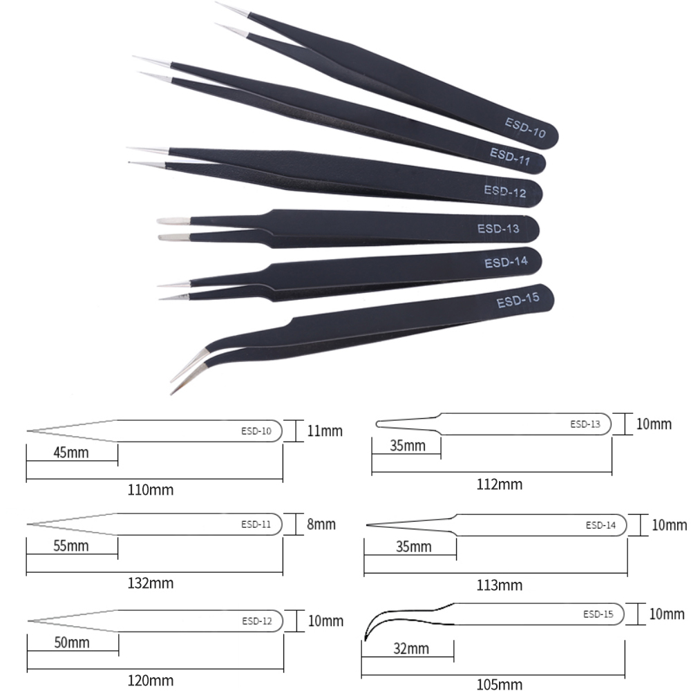 Juego de pinzas de precisión ESD, herramientas de reparación de pinzas antiestáticas de acero inoxidable para reparación electrónica, herramientas artesanales de soldadura, 6 uds.