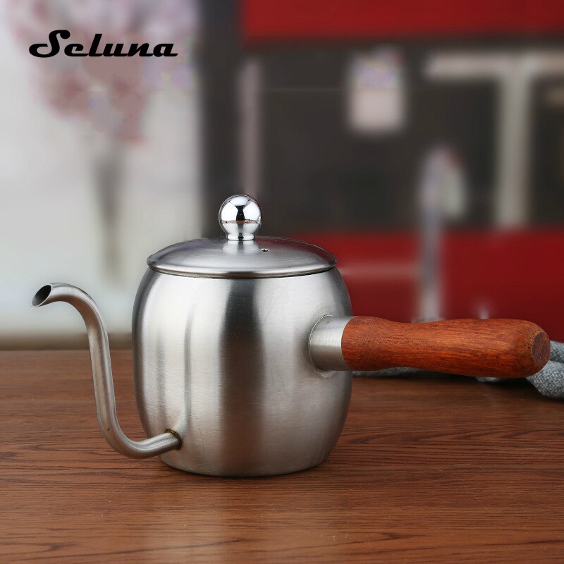 Stainless Steel Long Mouth Hand Drip Coffee Pot Wood Handle Pour Over Coffee Drip Kettle Pot Barista Turkish Coffee Maker Brewer
