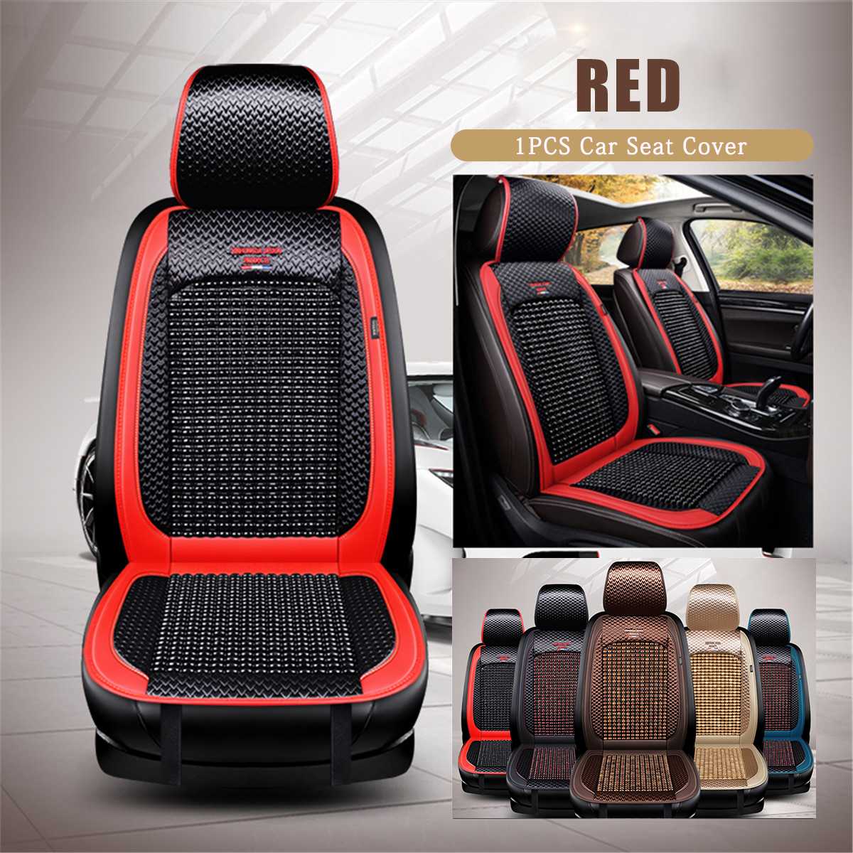 Universal Summer Cooling Auto Front Seat Cushion Protector Beads Leather + Bamboo Car Seat Covers Breathable: Red