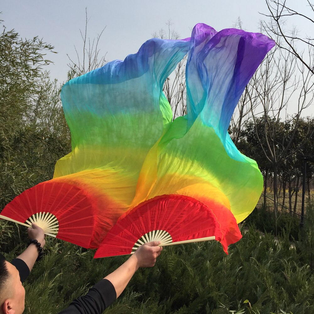 Gratis gemengde Regenboog kleuren 100% echte zijde lange Fan Veils voor Buikdansen of Show
