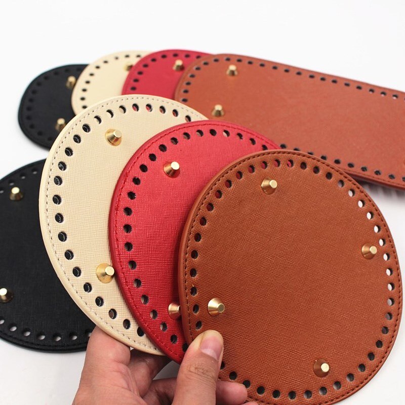 1 Pc Oval Long Round Leather Bottom with Holes Rivet for Knitted Bag PU Leather Bag Accessories DIY Woven Crochet Bag Bottom