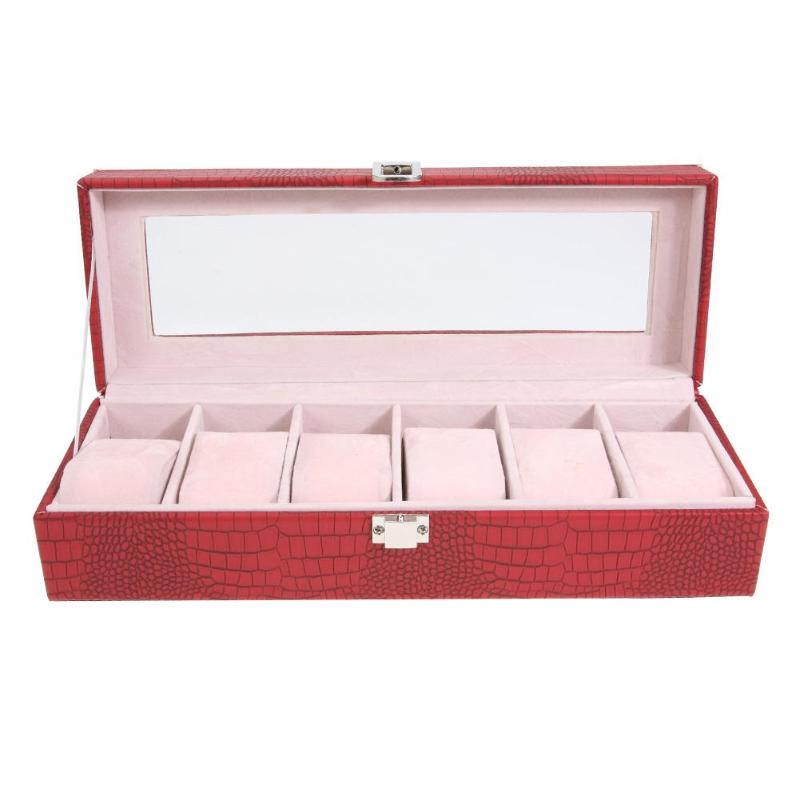 6 Grid Pu Horloge Doos Sieraden Doos Vitrine Opbergdoos Houder Horloge Case Sieraden Display Horloge Doos: Rood